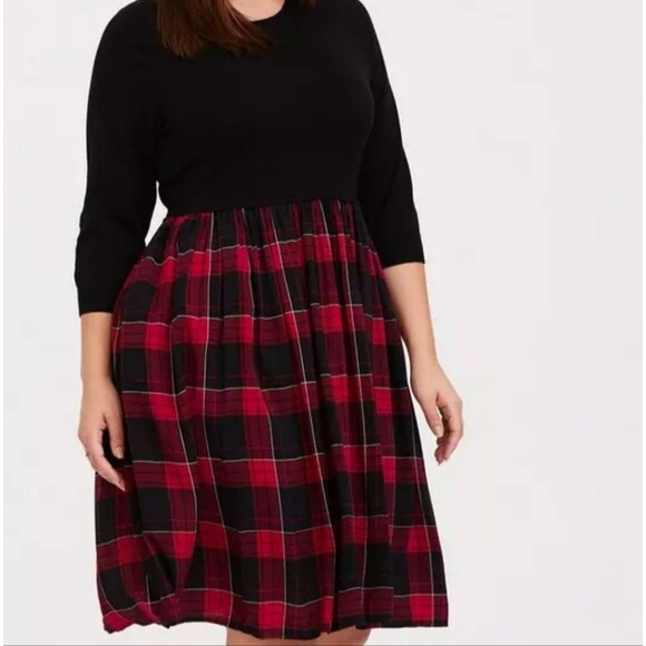 Torrid Plaid Challis to Knit Dress Plus Sz 2X Holiday Mini Dress NWOT Pockets - Picture 3 of 15